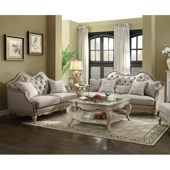 Antique Taupe Finish Tufted Seat Back 2pc Sofa Set Formal Traditional Living Room Furniture Luxury Style