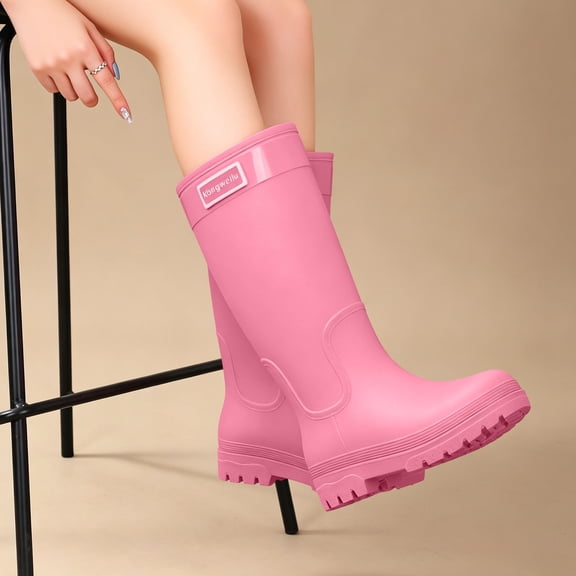 Women Tall Knee High Waterproof Rain Boots, Chunky Tread Non Slip Sole Matte Rubber Mud Boots for Rainy Days Pink 38