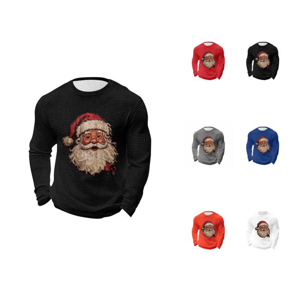 Christmas Shirts for Men Long Sleeve Casual Crewneck Santa Claus Graphic Waffle Shirt Holiday Party Shirts