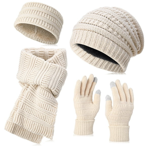 Bocaoying Womens Winter Beanie Hat Scarf Gloves Headband Set, Slouch Design Beanie Ear Warmer Knit Scarf Touchscreen Gloves with Warm Linner 4 Gift Set