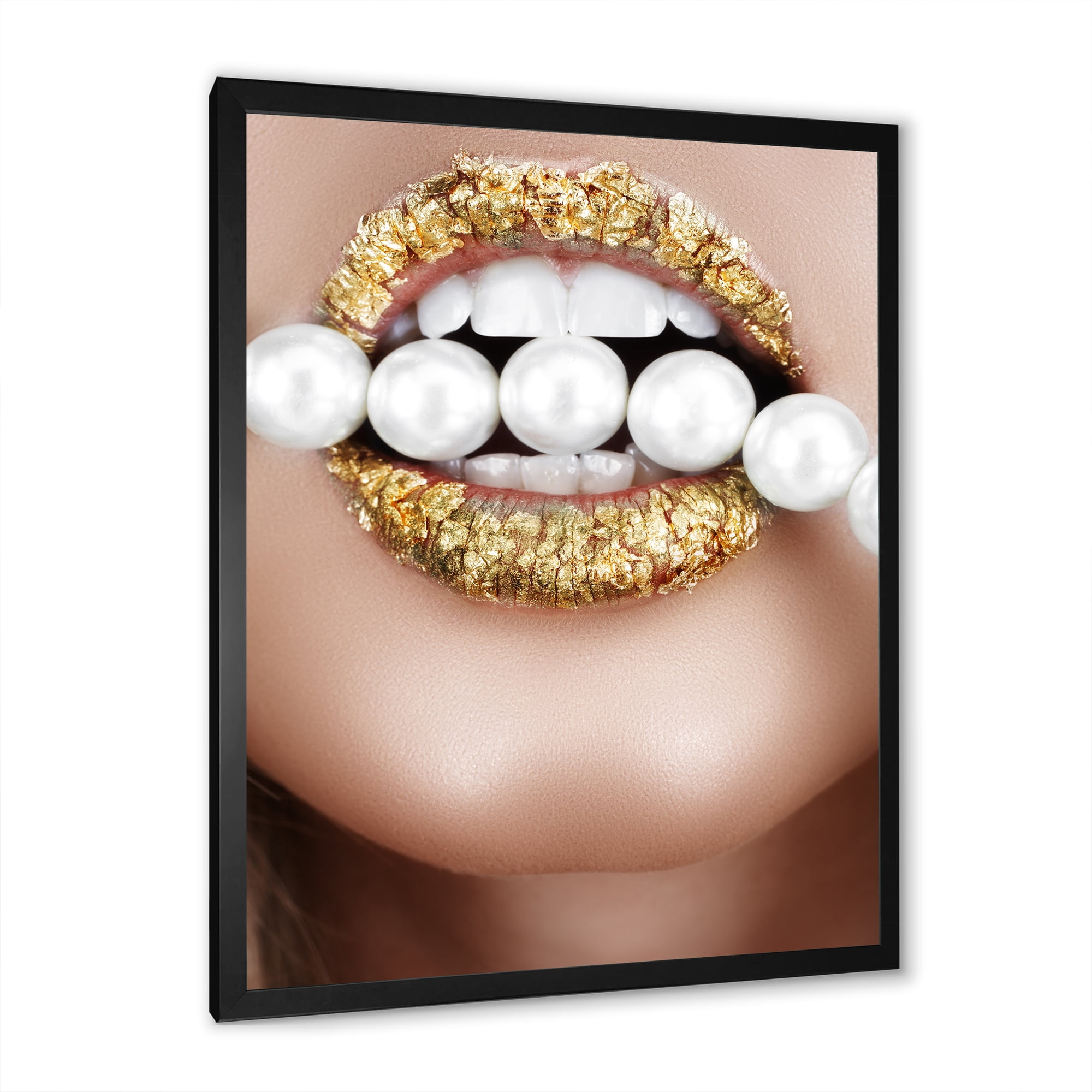 Designart 'Gold Leaf Lips Mouth With Pearls' Modern Framed Art Print
