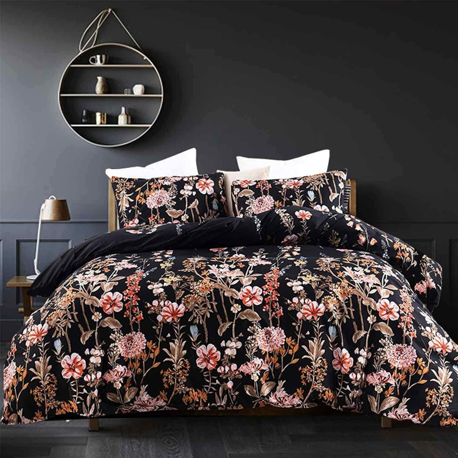 Comforter Set Queen Size Black Floral Leaf Print 88 x 90 inch 3pc Reversible Down Alternative