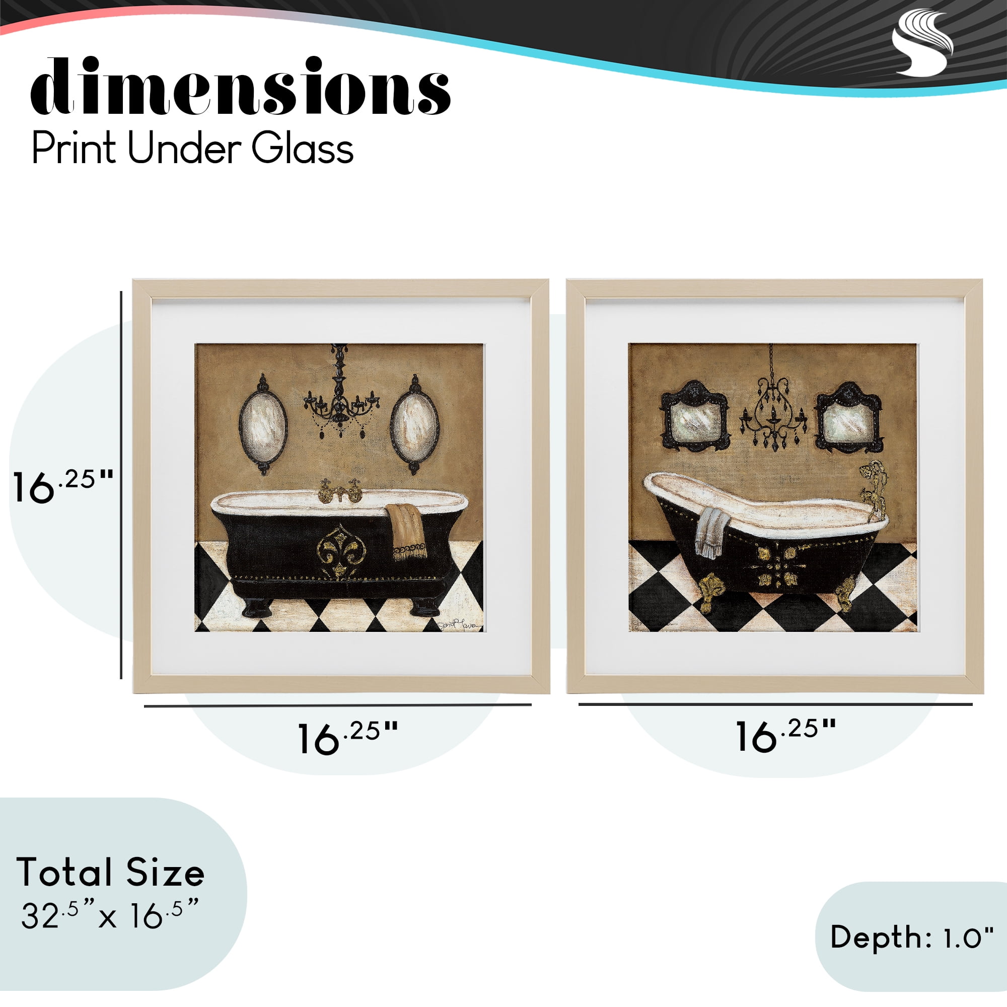 Stupell Industries Elegant Bathroom with Chandeliers 2 Piece Birch Framed Print Under Glass Set, design by Janet Tava