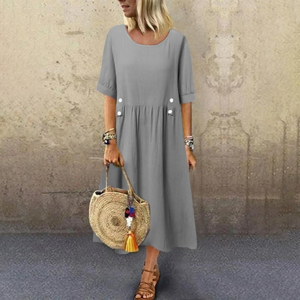 Puntoco Vestido Casual De Manga Corta De Algodón Y Lino De Color Sólido Con Cuello Redondo De Primavera Y Verano Para Mujer Gris Xl,Regalos Para Mujer Joven