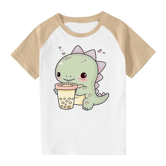 Virmaxy Toddler Boys Girls Cute Dinosaur Print T-Shirt Unisex Kids Trendy Plunger Short Sleeve Blouses 2025 Summer Lightweight Loose Fit Crewneck Blouses Tops Beige-1 3 Years
