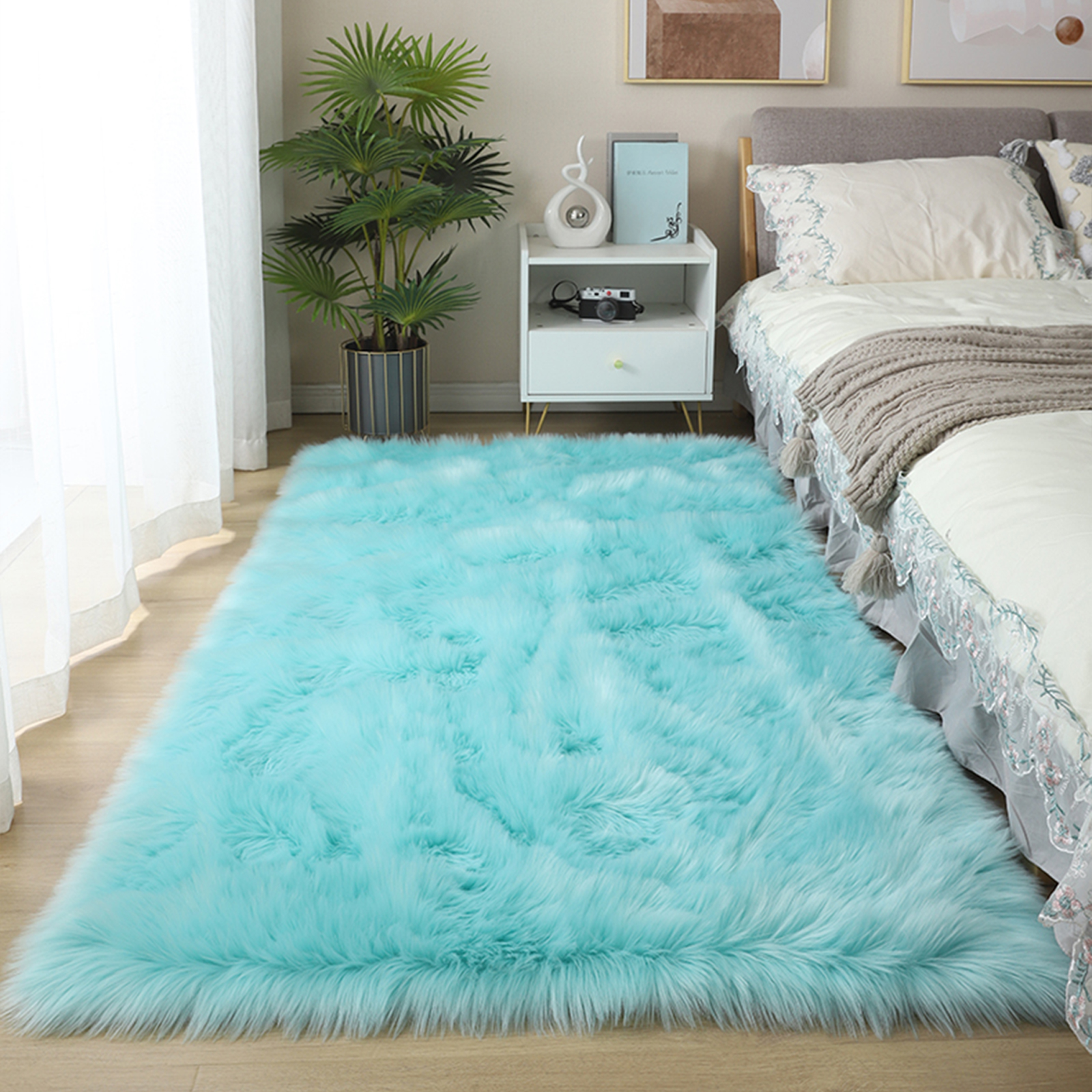 Latepis Light Blue 5x8 Sheepskin Rug, Faux Fur Rug for Living Room