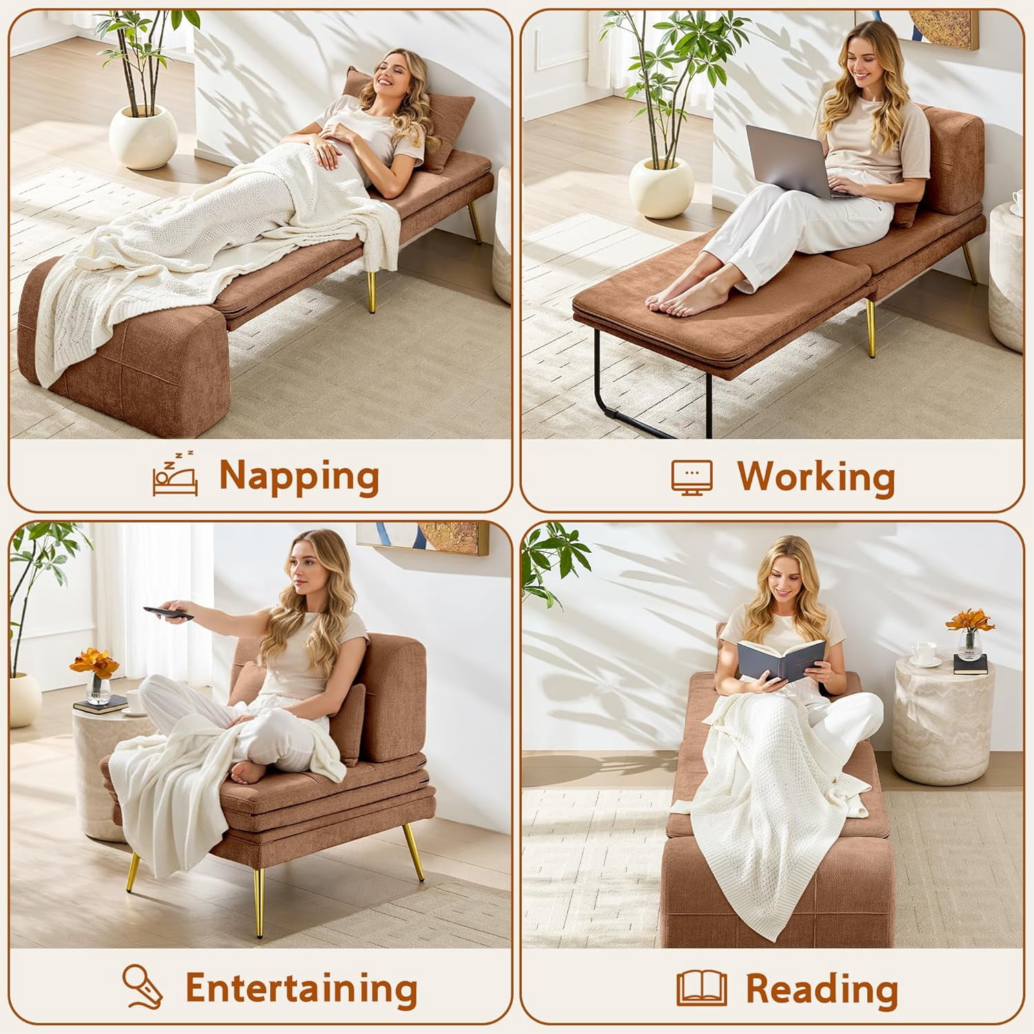 Akaber 3-in-1 Futon Sofa Bed, Chenille Sleeper Chair with Back Support & Pillow, Wood Frame, Metal Legs