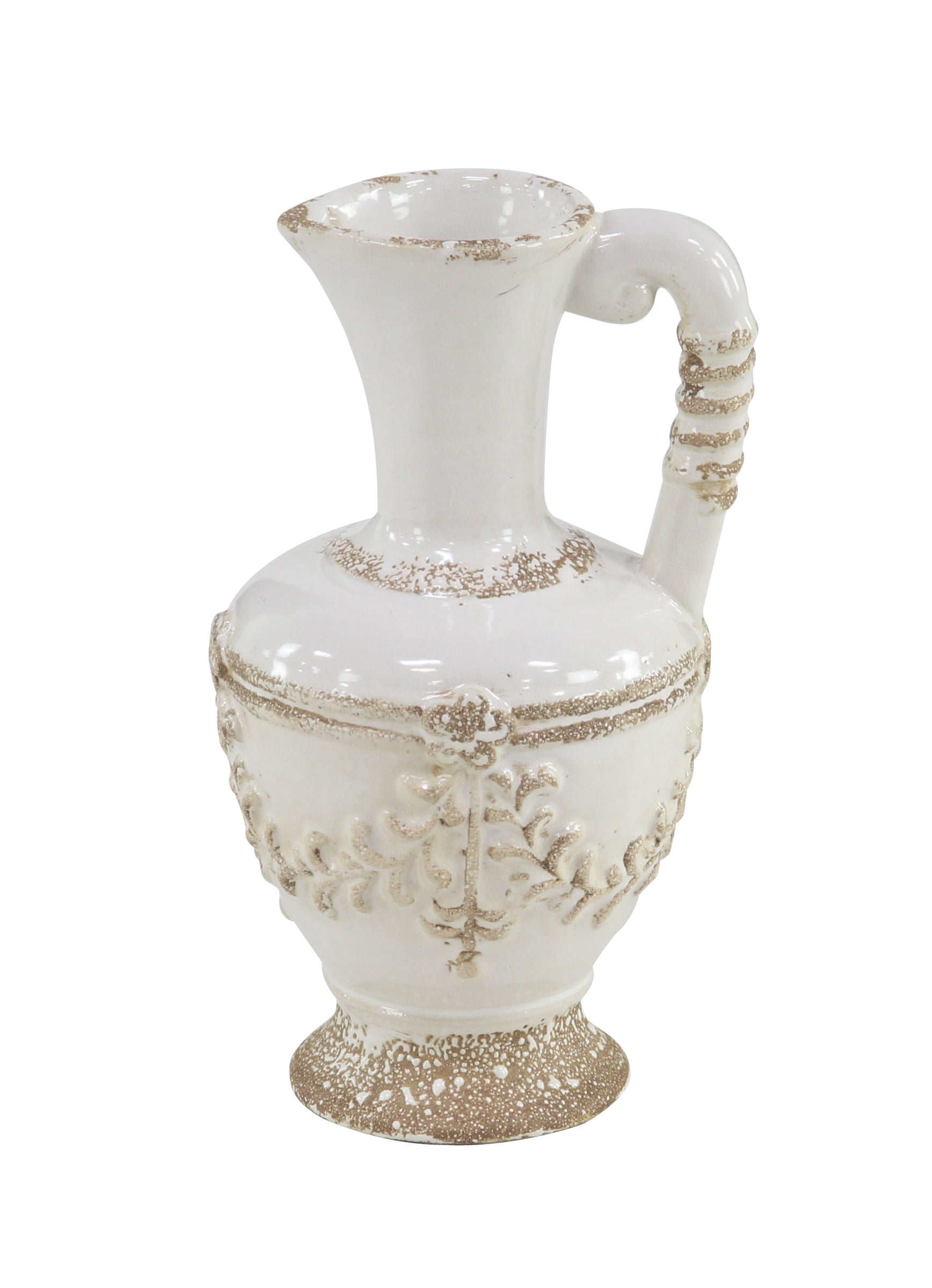 Decmode Rustic 10 X 6 Inch Distressed White Stoneware Pitcher Vase