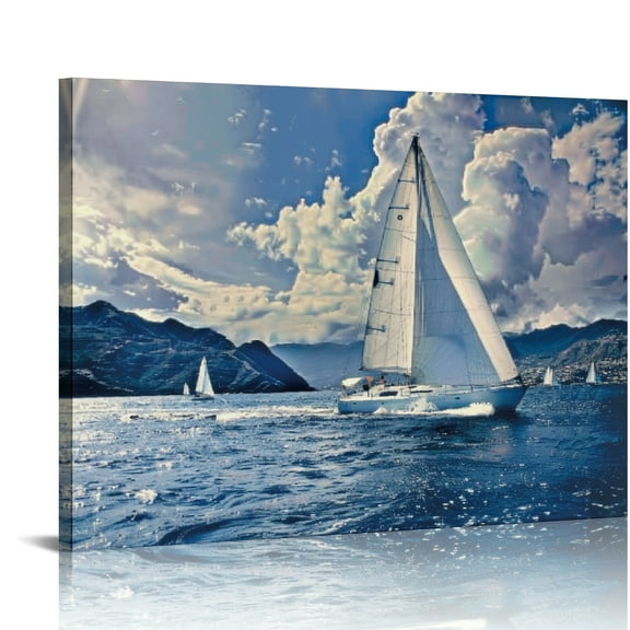 FCXZI Sailboat Ocean Mountains Art Modern Canvas Prints Wall Decor for Home Bathroom Ready To Hang Room Art Decor 16x12in