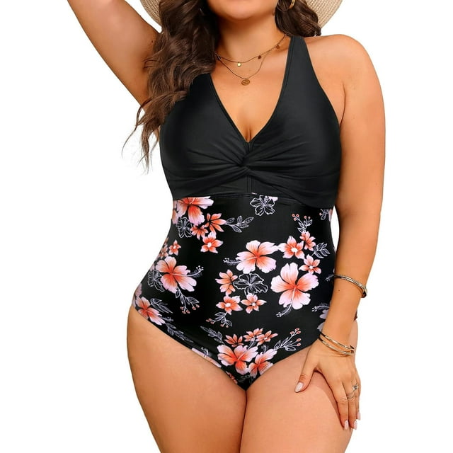 GFDYREE Women Plus Size One Piece Swimsuits V Neck Tummy Control Bathing Suits Front Cross Swimwear