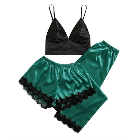 

BIZIZA Pajama Set for Women Cami Top and Shorts Panty Lace Soft Nightwear Loungewear 3 Piece PJ Sets Sleepwear Green L