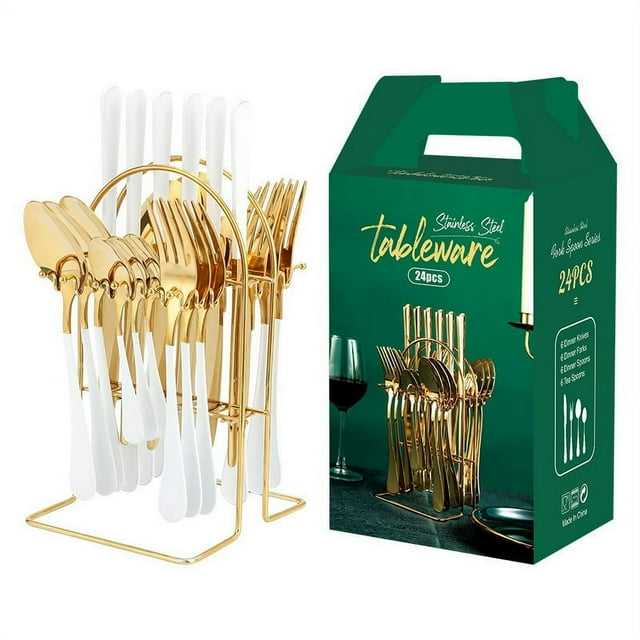 Gold Silverware Set Stainless Steel 24 Piece Anti-Rust Mirror Polished Flatware Gold Utensils Set Service for 6 with Gift Packaging Dishwasher Safe Hotel Tableware Wholesale