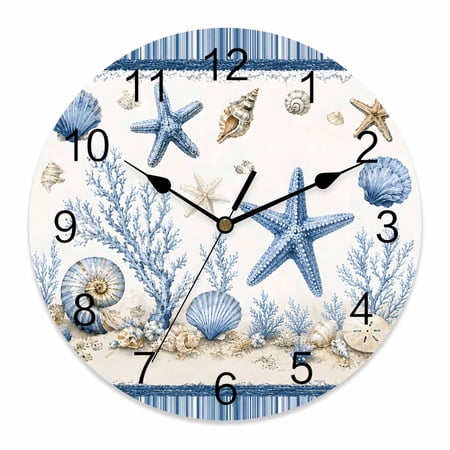 Wall Clock Coastal Starfish Clocks PVC Silent Non-Ticking Battery Operated Decorative Blue Ocean Seaweed Shell Conch Round Clock for Home Living Room Kitchen Bedroom Office School Wall Decor 14 Inch