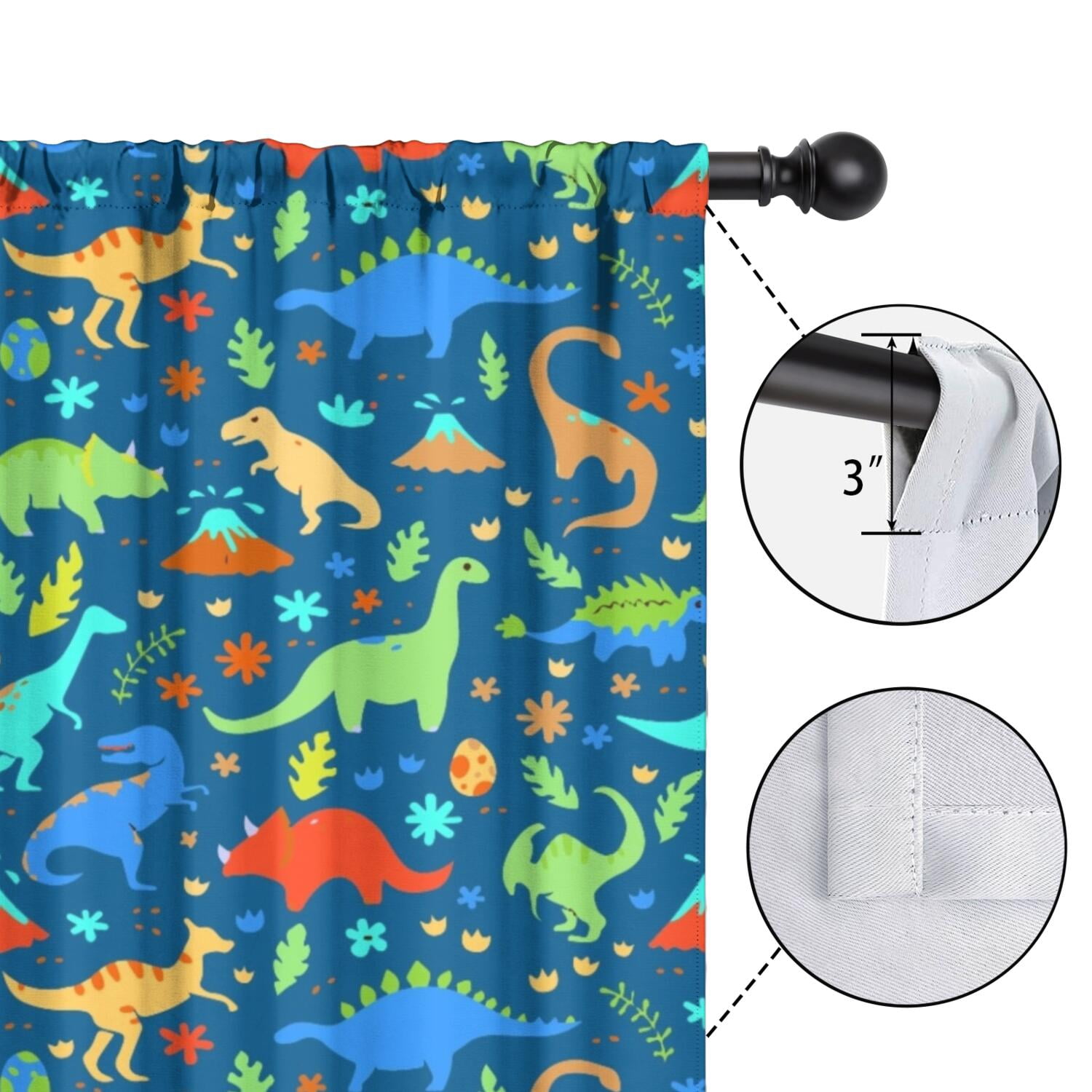 Funny Window Curtains for Kids Room - 42Wx63H Inch 2 Panels, Rod Pocket Colorful Cartoon Dinosaur Patterns for Boys Bedroom Decor Preschool Classroom Curtains Playroom Living Room Window Drapes