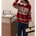 thumbnail image 4 of Suéter de punto con solapa roja vintage para mujer, suéteres de punto de jacquard informales a la moda para otoño e invierno, para Navidad y Año Nuevo, 4 of 5