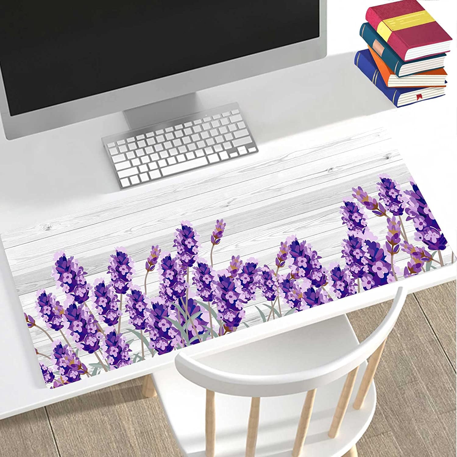 Mouse Pad Purple Floral Design Large Computer Mousepad for Office Desk, White Wood Pattern Gaming Mouse Mat Non-Slip Nature Rubber Desk Decor Long Pad for Wireless Mouse Laptop 31.5x11.8 Inch BDZZSE10