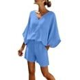 thumbnail image 3 of Lcziwo Womens V Neck Two Piece Sets Cotton Linen Elegant Travel Outfits Batwing Sleeve Loose Shirts with Drawstring High Waist Shorts Blue,XL, 3 of 9