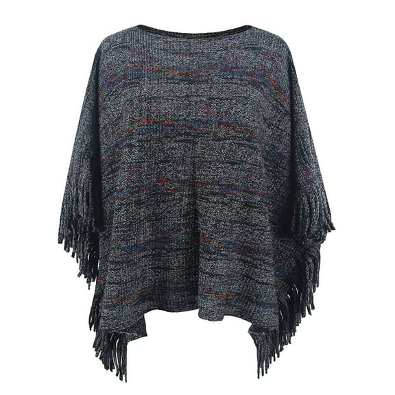 Xfvqtps Womens Cape Pullover Round Neck Fringed Cuff Knitting Mixed Colors Comfortable Soft Sweater Fashion Casual Warm Fall and Winter Top Black