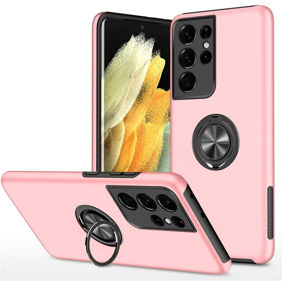 SZMLOGB Phone Case for Samsung S21 ultra 5G with Ring Holder Shock Resistant Scratch Resistant PC Silicone Heavy Duty Protective Case-pink