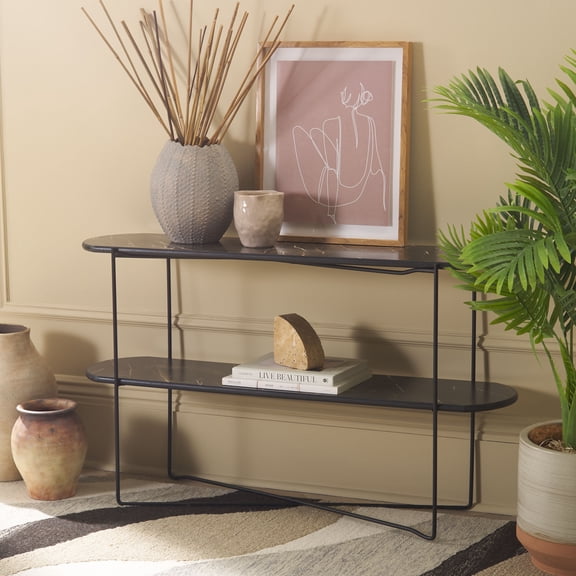 Safavieh Marlee Modern Wood and Metal Console Table, Dark Sandstone/Black