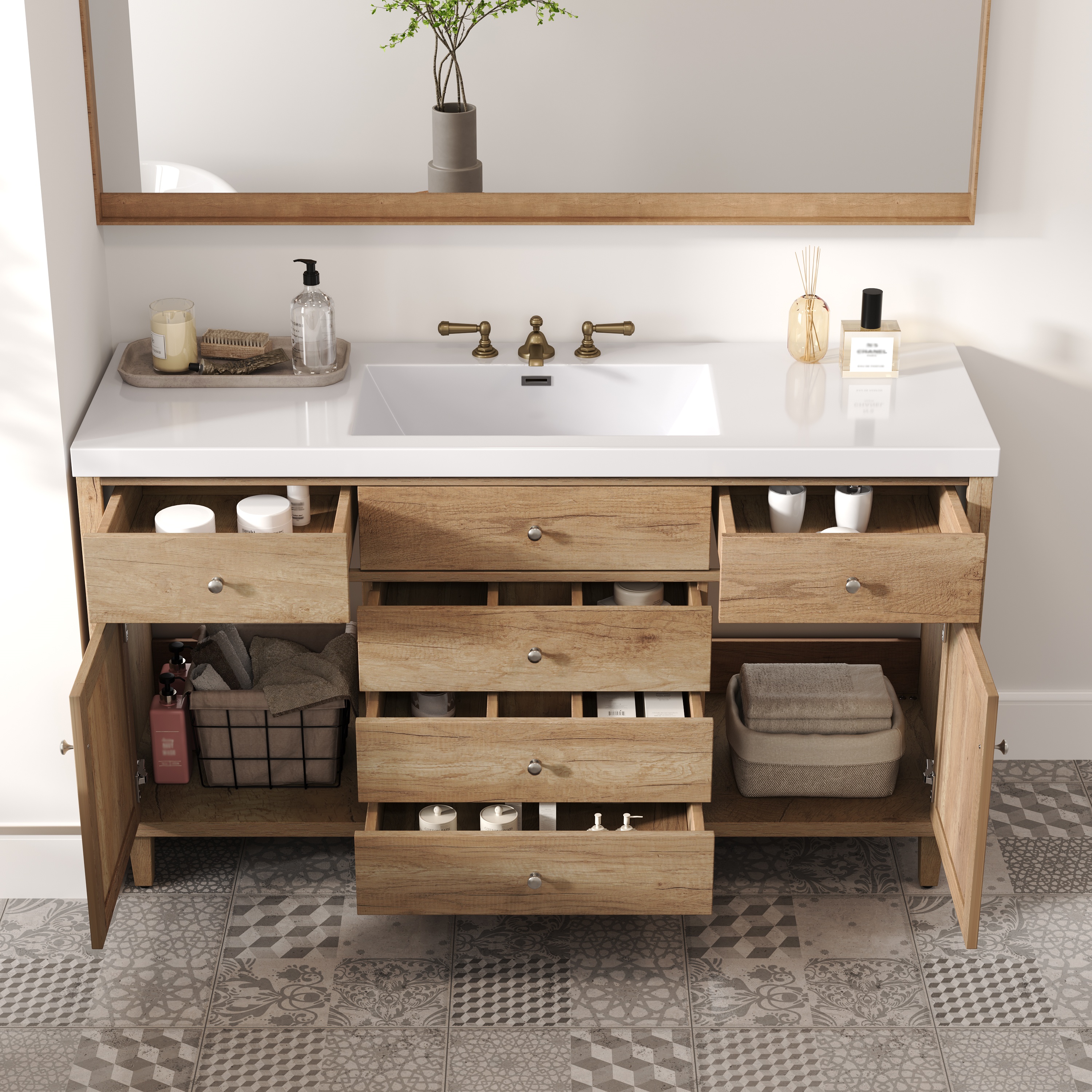 Euroco 60" Bathroom Vanity with SMC Sink, Modern Large Storage Bathroom Storage Cabinet with Soft Close Drawers and Rattan Doors, Silver Metal Knobs and 5 Pine Legs, Natural