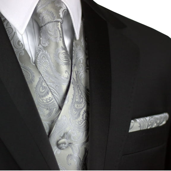 "BEST TUXEDO" Men's Formal, Wedding, Prom, Homecoming, Tuxedo Vest, Tie & Hankie Set in Silver Paisley