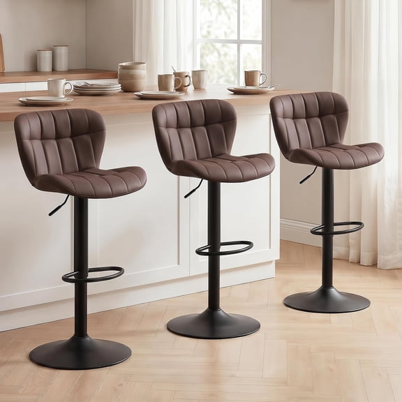 Modern Bar Stools Set of 3, Faux Leather Barstools for Kitchen Island, Upholstered Swivel Bar Height Stools with Back, Brown