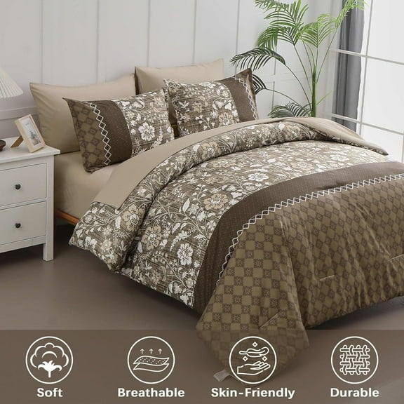 Brown Comforter Set Queen, 7 Pieces Bed in a Bag Floral Patchwork Soft Microfiber Queen Sheet Set with Comforter, Flat Sheet, Fitted Sheet, Pillow Shams,Pillowcases
