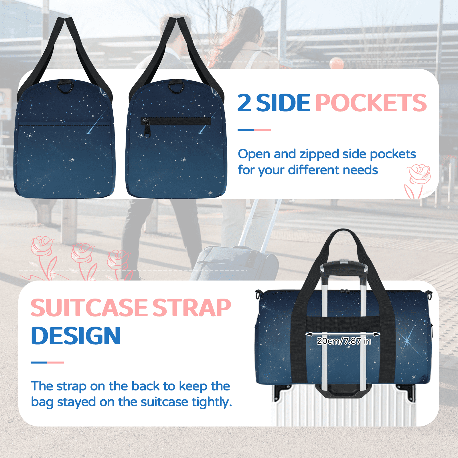 Herdesigns Space Starry Night Sky Gym Bag for Women, Duffle Bag for Travel Sport, Lightweight Waterproof Carry on Weekender Dance Yoga Workout Bags
