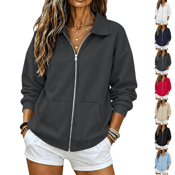 Full Zip Up Sweatshirt Women No Hood - Oversized Loose Casual Long Sleeve Collared Jacket 2026 Fall Winter Clothes Dark Gray S