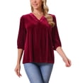 thumbnail image 1 of INSPIRAR CHIC Blusas de Terciopelo para Mujeres con Cuello en V, Manga 3/4, Tendencia Casual de Otoño Invierno, Blusa Suelta, Camiseta XL Color Rojo Vino, 1 of 6