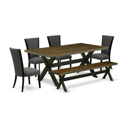 East West Furniture X677VE650-6 6 Piece Dining Set – 4 Dark Gotham Grey Linen Fabric Dining Room Chairs with Nailheads and Distressed Jacobean Dinner Table – 1 Wood Bench – Black Finish
