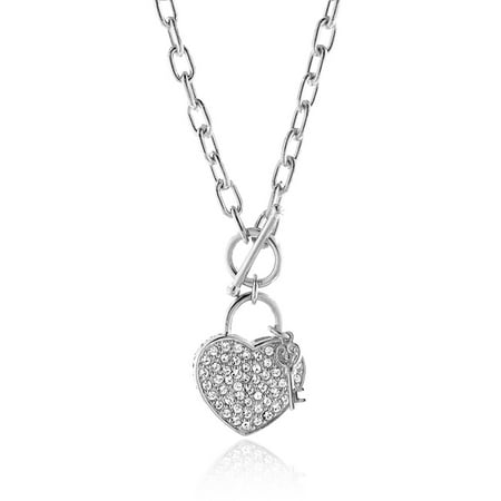 - Heart & Key Toggle Necklace Made with Swarovski Crystals in Sterling Silver -18