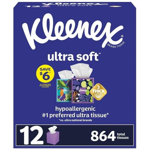 Kleenex Ultra Soft Hypoallergenic 3-Ply Facial Tissues 12 Cube Boxes, 72 tissues/box