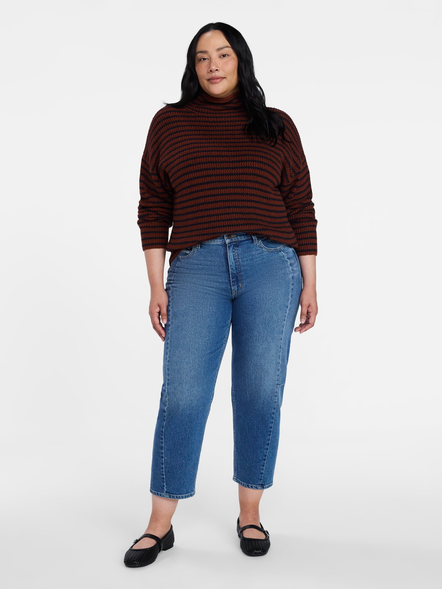 Time and Tru Women's Stripe Funnel Neck Sweater with Long Sleeves, Midweight, Sizes, XS-XXXL