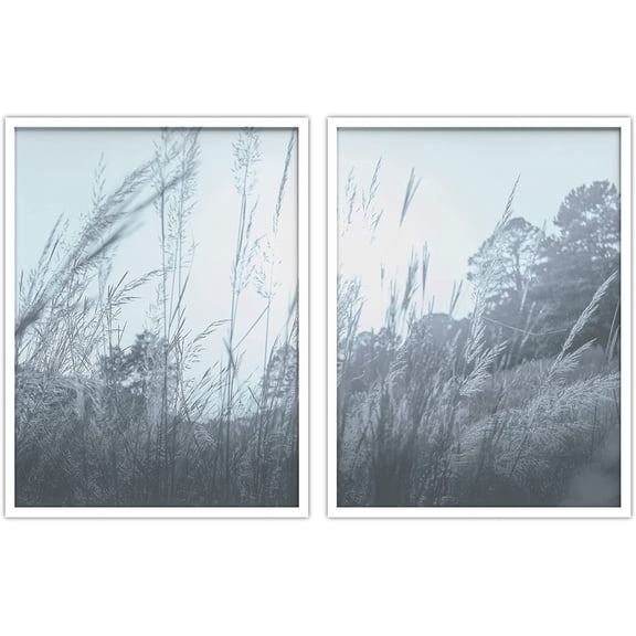 PixonSign Framed Wall Art Collage Print Gallery Set Beach Grass Sways in Wind Nature Ocean Photography Realism Modern Landscape Relax/Calm Duotone for Living Room, Bedroom, Office - 12"x16"x2 WHITE