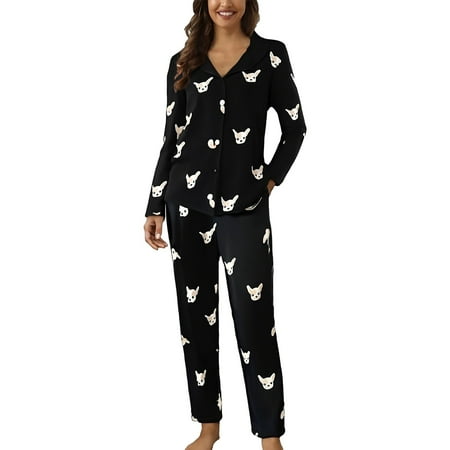Ihph7 Long Pajamas for Women Set Button Up Pajamas for Women Pajama Sets for Women 2 Piece Sleep Wear Set for Women Lounge Sets for Women Womens 2 Piece Lounge Set Black L