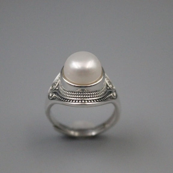 K-KED 925 Sterling Silver Ring with Mother of Pearl Gem Women's Big Pearl Ring 5-9