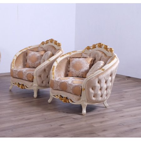 Luxury Beige & Gold Wood Trim VALENTINE Chair Set 2 EUROPEAN FURNITURE Classic