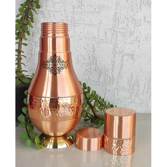 Indian Art Villa Copper Lacquer Coated Hammered Surahi Bedroom Bottle with Inbuilt Glass and Lid, Brown, Drinkware – 31.3 oz