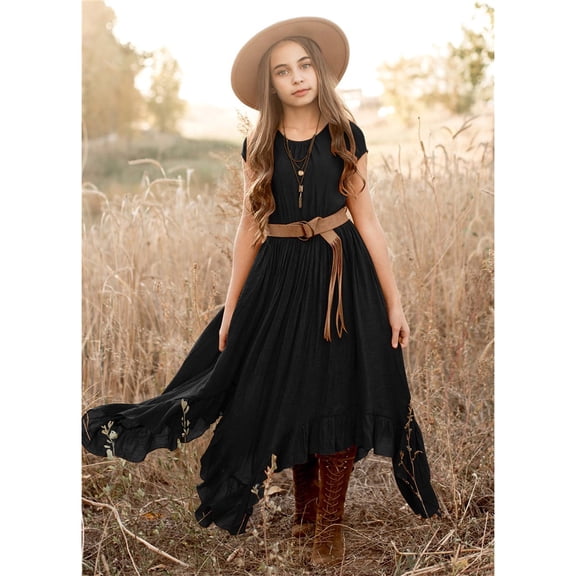 CUZIBR Youth Girls Summer Long Dresses Short Sleeve Irregular Solid Color Crewneck Ruffled Tiered High Waist Flowy Swing Retro Party Breathable Casual Elegant Maxi Dress,Black,11-12 Years