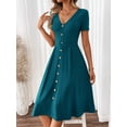 thumbnail image 5 of Teal Blue V-Neck Short Sleeve Fit & Flare Midi Dress With Gold-Tone Button Front, 5 of 7