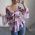 thumbnail image 2 of Tmtolofot Chiffon Tops for Women Front Bow Tie Tunic Tops Ruffle Hem Long Sleeve Shirts V Neck Floral Print Peplum Blouses Fashion Trendy Sexy Outfits 2026 Vacation Elegant Tee Top|Pink|S, 2 of 8