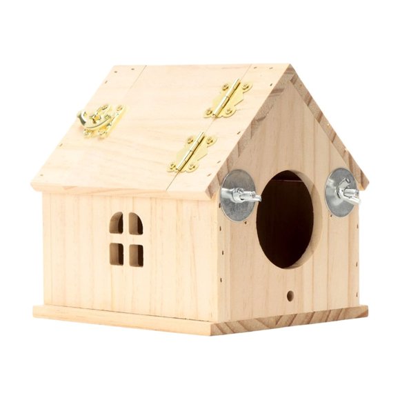 Wood Bird House For Small Birds With Hinged Roof And Hanging Hooks 15.4 cm x 15.2 cm x 14 cm