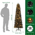 thumbnail image 4 of 6 Ft Pre-Lit Black Halloween Christmas Tree, Slim Artificial Pencil Christmas Tree with 250 Colorful LED Lights, 8 Lighting Modes, 571 Tips, Lighted Hinged Skinny Xmas Tree, 4 of 7