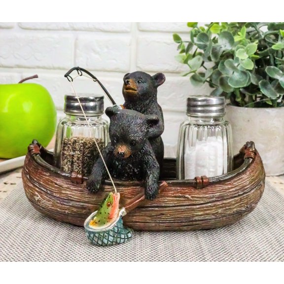 Ebros Rustic 2 Black Bears Fishing In Canoe Boat Salt Pepper Shakers Holder Set