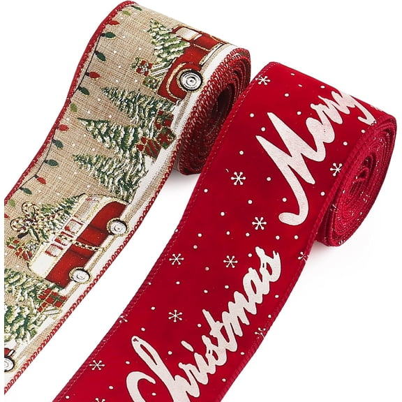 Hsomely 2 Rolls 2.5''x 5 Yards Christmas Wired Ribbon for Crafts, Wreath Bows, Gift Wrapping - Red Bus With Tree Design, Merry Xmas for Party Home