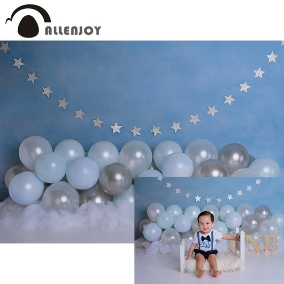 Allenjoy Child Smash Cake Photograhy Backdrop Blue Sliver Balloons Stars Cloud Baby Shower Background Kid Birthday Photoz
