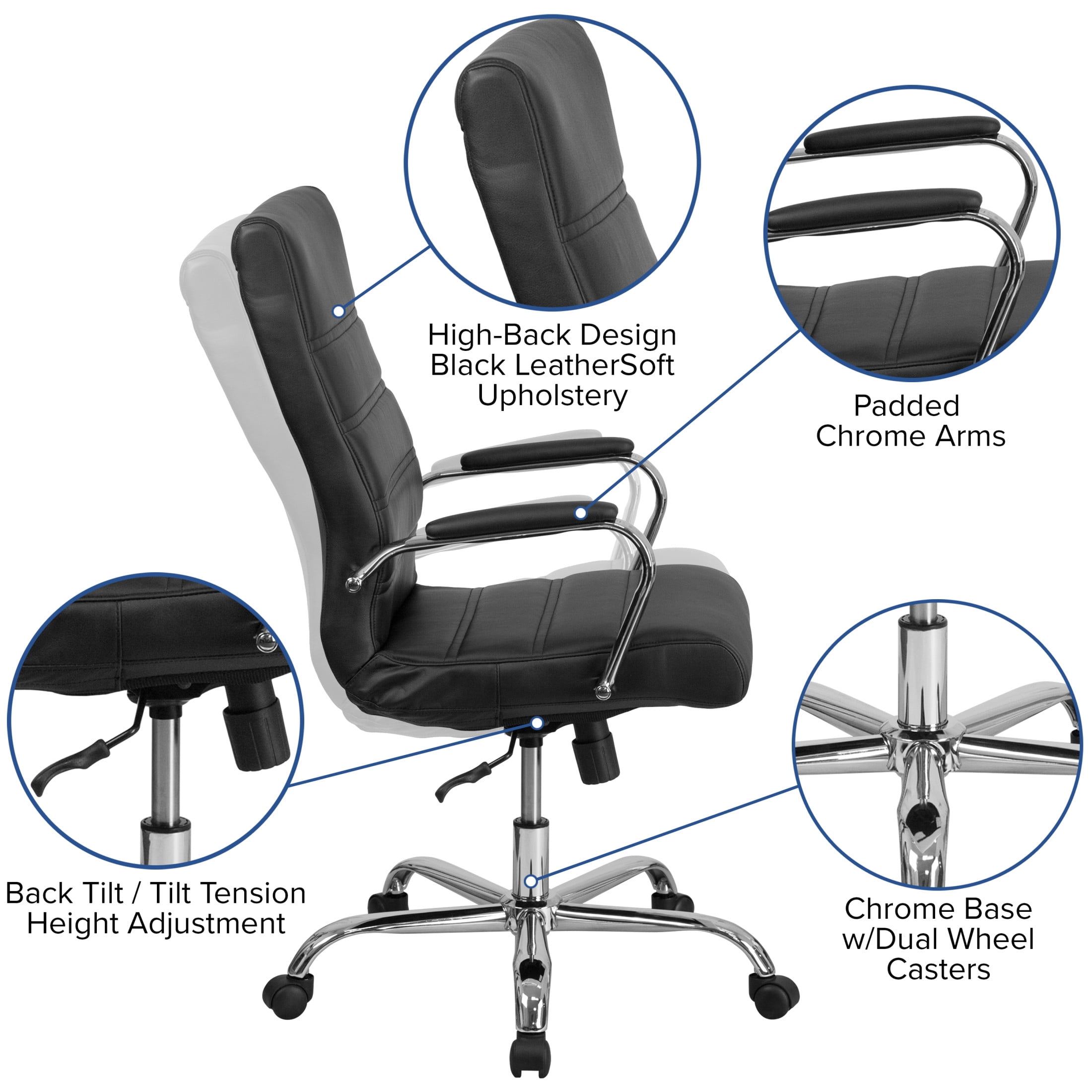 Flash Furniture Whitney High-Back Swivel LeatherSoft Desk Chair with Armrests, Black/Chrome