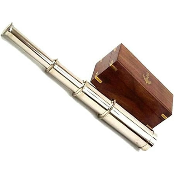 15" Brass Telescope with Wooden Box - Nautical Collector Rustic Vintage Home Decor Gifts